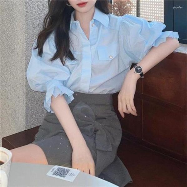 Women&#039;s Blouses Summer Sweet French Puffed Sleeve Blue Shirt Fashion Comfortable Thin Shoulder Design Sense Five-quarter Top Blouse Women