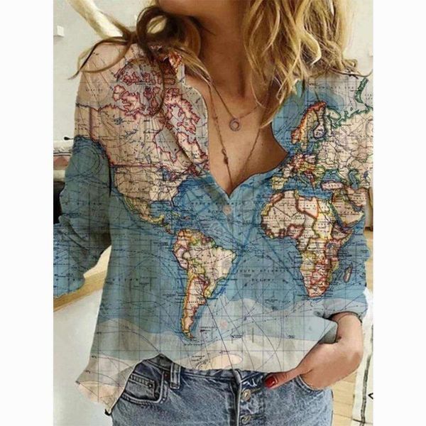 Womens Clothing Spring Shirt Fashion Map Depicting Printed Long Sleeved Top For Women