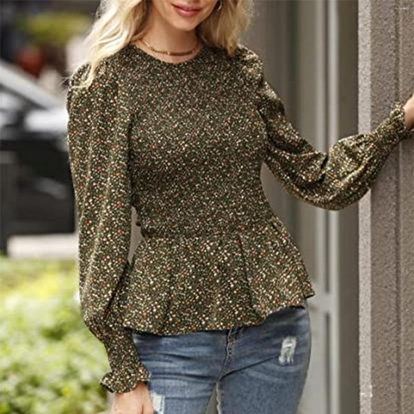 Women&#039;s Blouses Slim Babydoll Fashion Woman Blouse 2023 Long Sleeve Crewneck Shirt Floral Print Smocked Ruffle Hem Tunics Top Blusas