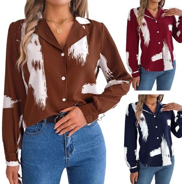 Women&#039;s Blouses Womens Button Down Shirts Office Lady Oversized Long Sleeve Floral Printed Lapel Collar V-neck Shirt