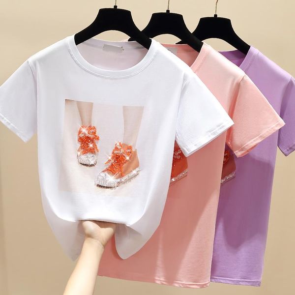 Women&#039;s T Shirts Beading Shoes Print Pink Shirt Summer Short Sleeve Women Top White Tshirt Cotton Korean Style Clothes