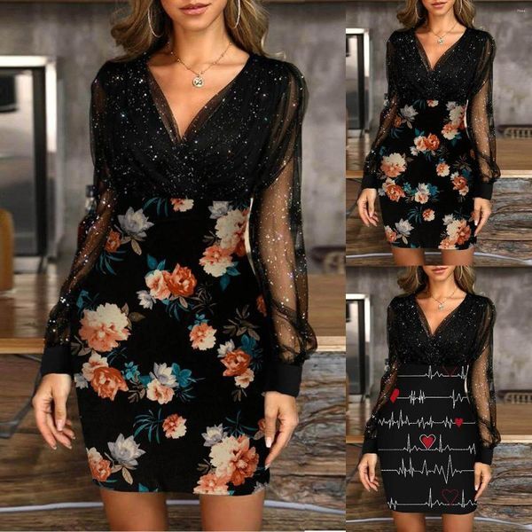 Casual Dresses Women&#39;s Sexy Dress Skirt Long Sleeve Lace V Neck Flower Printed Splicing Mesh Party Fashion Evening Grown