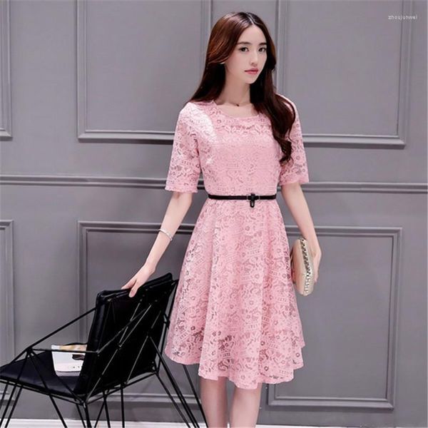 Party Dresses Plus Size Summer Lace Hollow Out Knee-length O-Neck Half Sleeve Dress With Belt Women Female Femme Vestido De Mujer