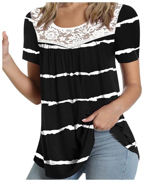 Women&#039;s Blouses & Shirts Striped Printed Blouse Women Summer Tops O Neck Lace Patchwork Short Sleeve Casual Shirt Chemise Femme BlusasWomen&#039;