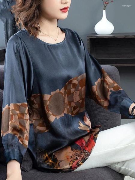 Women&#039;s Blouses Summer Autumn Shirts Imitation Silk Fashion Print Loose Casual Shirt Ladies Oversized Long Sleeve Wild Elegant Blouse Top