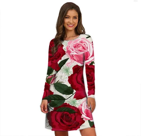 Casual Dresses 2023 Long Sleeve Dress Women&#39;s 3D Flower Digital Printing Style On The Shelf Fashionable Street Clothes In Autumn