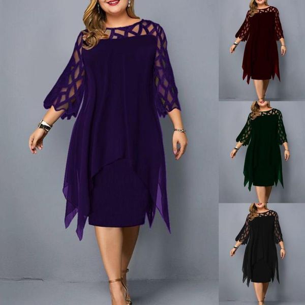 Plus Size Dresses Women 6XL Lace Mesh Sexy Elegant Midi Party Black Purple Dress Loose Hollow Out Women&#039;s Clothing 2023 SpringPlus