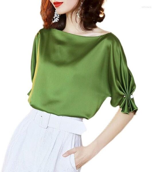 Women&#039;s Blouses Woman Fashion Simulated Silk Short-sleeved Shirts Women&#39;s Summer 2023 Satin Shirt Tops Ladies Blusas Clothing Green