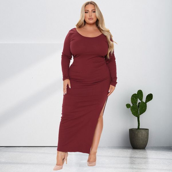 Plus size Dresses Plus Size Dresses Solid Split Long Sleeve Sexy Tight Knit Ankle Length Dress Party Dresses Evening Dresses O-Neck Office Lady 230325