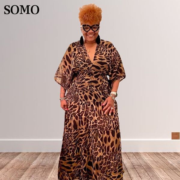 Plus size Dresses Leopard Print Women Plus Size Dresses High Waist Half Sleeve V Neck Sexy Maxi Long Dress Ladies Summer Wholesale Drop 230325