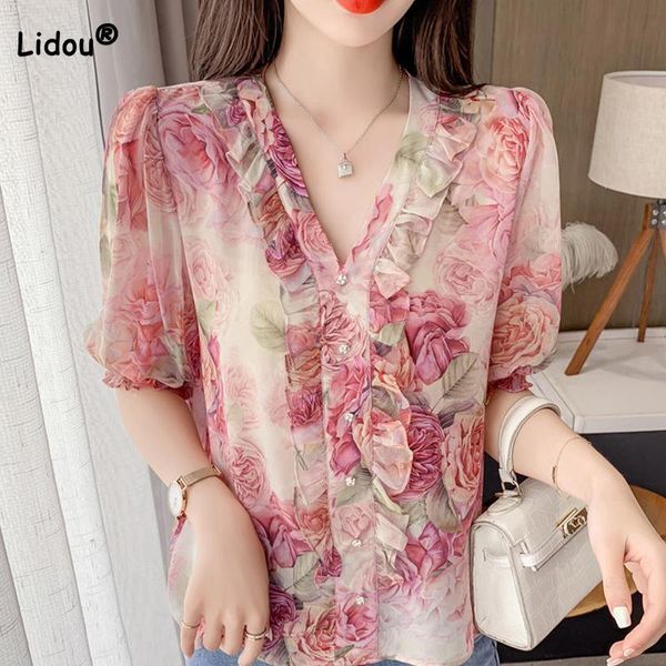 Blouse Temperament Sweet VNeck Ruffles Button Floral Printing Half Sleeve Ice Silk Shirt Summer Clothes for Women Loose Chiffon Tops