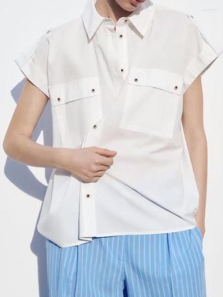 Women&#039;s Blouses 2023 Women Summer Shirts Tops Fashion Solid Button Pockets Sleeveless Female Poplin Safari Style Clothing