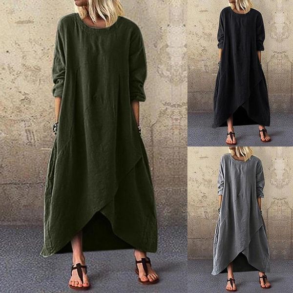 Casual Dresses Women Plus Size Long Dress Sleeves O-Neck Slit Irregular Hem Spring Summer For Ladies Vestido Robe