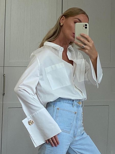 Jyate Fashion Woman Blouses 2023 Elegant Lapel Long Sleeve Office Lady Shirts Casual Loose White Pockets Tops Female Clothing 230509