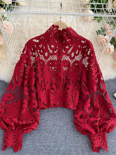 Blouse Sexy Lace Hollow Out Short Blouse Casual Lantern Long Sleeve Stand Collar Shirts Female Elegant Red/Pink/White Loose Tops 2020