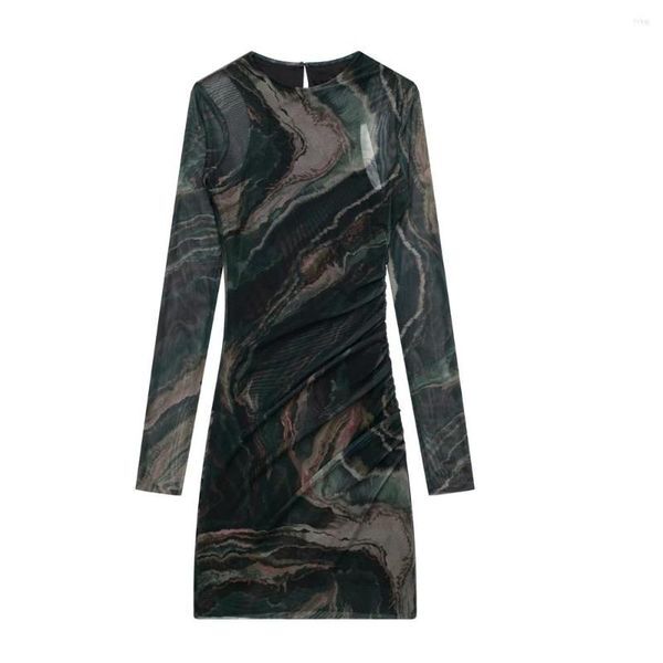 Casual Dresses COS LRIS 2023 Autumn Women&#39;s Clothing Geometric Print Tulle Round Neck Long-sleeved Mini Dress 8839084
