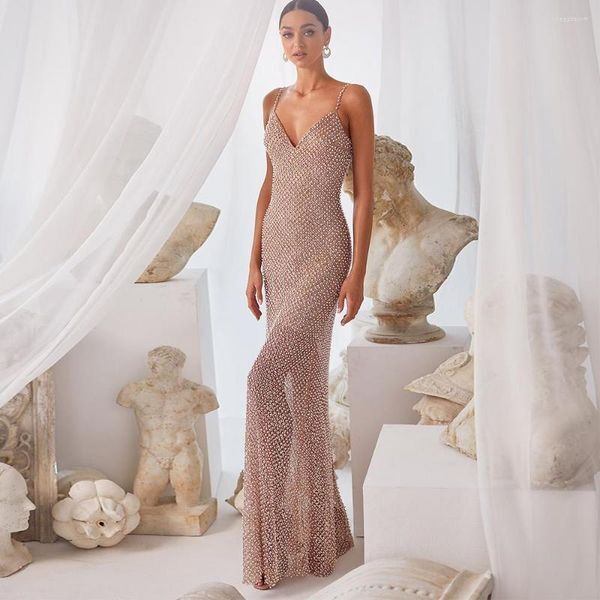 Party Dresses Deep V-Neck Spaghetti Strap Sleeveless Floor-Length Evening For A Wedding Sequined Special Occasion Prom Gowns Backless