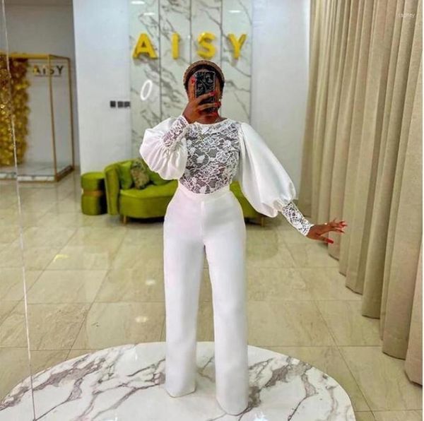 Party Dresses Aso Ebi Jumpsuit Women Formal Evening Wear With Lace O-Neck Prom Long Sleeves Pants Suit Robe De Marrige