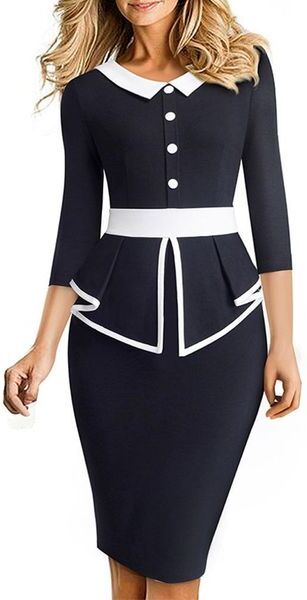 Dress Office 3/4 Sleeve Ruffle Patchwork Formal Dresses For Women 2022 Buttons ONeck KneeLength Bodycon Dress Elegant Party Clothing