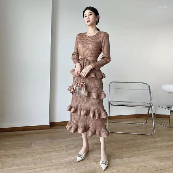 Work Dresses Miyake Pleated High-end Dress Temperament Women&#39;s Clothing 2023 Autumn Design Casual Party Cake Skirt Vestidos