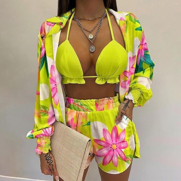 Women&#039;s Tracksuits 3 Piece Sets Women Shirt Shorts Beach Woman Print Lantern Sleeve Cropped Navel Top Suit Womens Summer Clothes