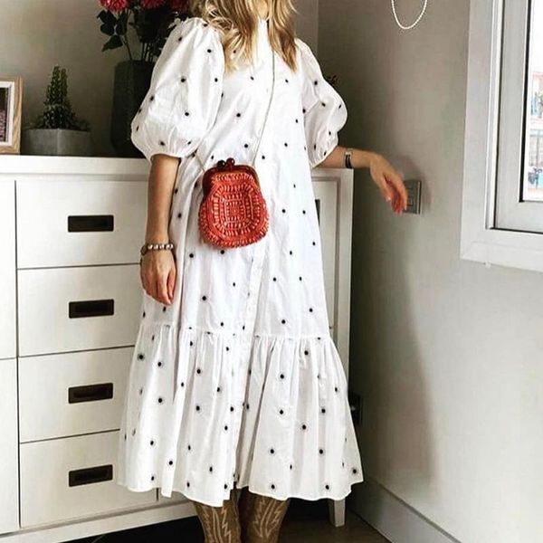 Dress Casual Loose Women Stand Collar Dress Chic Polka Dot Pleated Long Dress Summer Fashion Puff Sleeve Single Breasted Dress Vestido