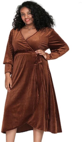 Plus Size Dresses Elegant Autumn Long Sleeve Midi Velvet Wrap Dress Women Brown Tie Waist V-neck Formal Party Large 7XL 8XL