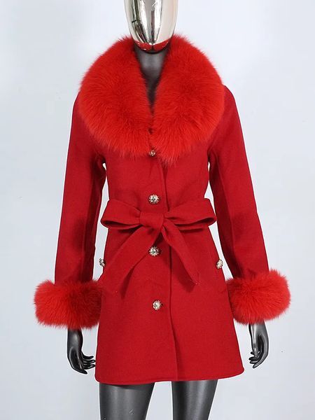 Womens Jackets Real Fur Coat Winter Jacket Women Natural Fox Collar Cuffs Belt Cashmere Wool Woolen Ladies Outerwear Streetwear 231204