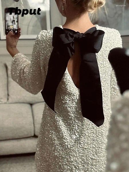 Casual Dresses Woman Sequin Backless Short Dress With Bow Fashion Long Sleeve O Neck Robe 2023 Autumn Elegant Female Party Night Streetwear