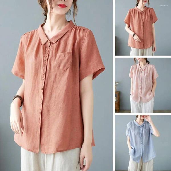 Women&#039;s Blouses Women Summer Shirt Single-breasted Solid Color Buttons Short Sleeves Loose Lapel Soft Casual Breathable Commute Lady Blouse