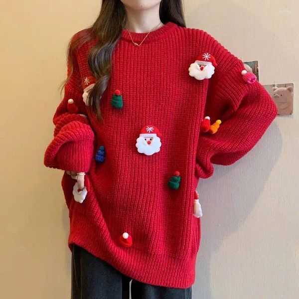 Women&#039;s Sweaters Christmas Red Sweater Korean Fashion Loose Round Neck Knitted Long Sleeved Top Pullovers Woman Clothes Autumn And Winter