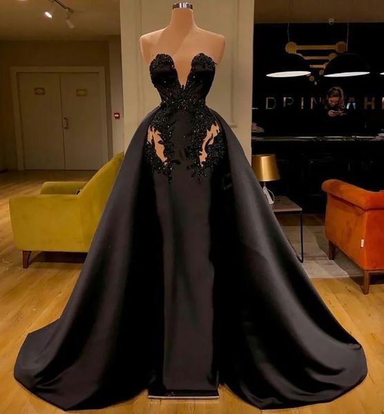 Prom Dresses Black Evening Gown Party Mermaid Trumpet Sweetheart Sleeveless Satin Applique Beaded Zipper Lace Up Plus Size New Custom Illusion