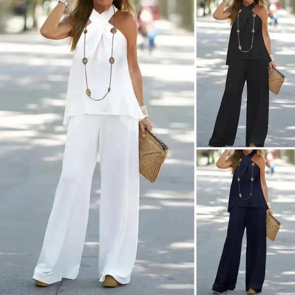 Women&#039;s Two Piece Pants 2 Pcs/Set Women Top Suit Wide Leg Halter Neck Sleeveless Off Shoulder Dating OL Blouse Trousers Set Summer Outfit