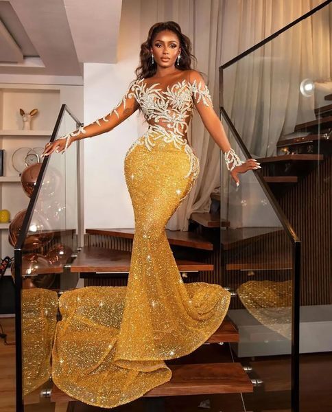 Prom Dresses Gold Evening Gown Party Mermaid Trumpet Long Sleeve Applique Beaded Sequined Custom Zipper Lace Up Plus Size New Illusion O-Neck