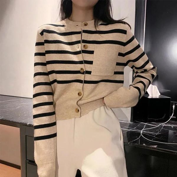 Pullovers Striped Cotton Knitted Pullover Sweater Women Autumn Winter Long Sleeve Oneck Vintage 2021 Oversize Jumper Pull Chic Sweaters