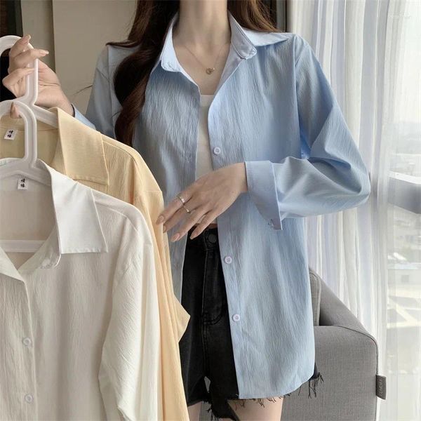 Women&#039;s Blouses Long Sleeve Shirt Women Spring Autumn Korean Style Ladies Casual Outwear Top Vintage Blue Beige White Shirts Cardigan