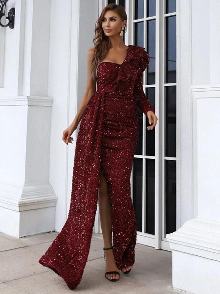Casual Dresses Women Sexy Formal Occasion Dress One Shoulder Long Sleeve Ruffles Sequins Split Bodycon Prom Elegant Evening Party Robes