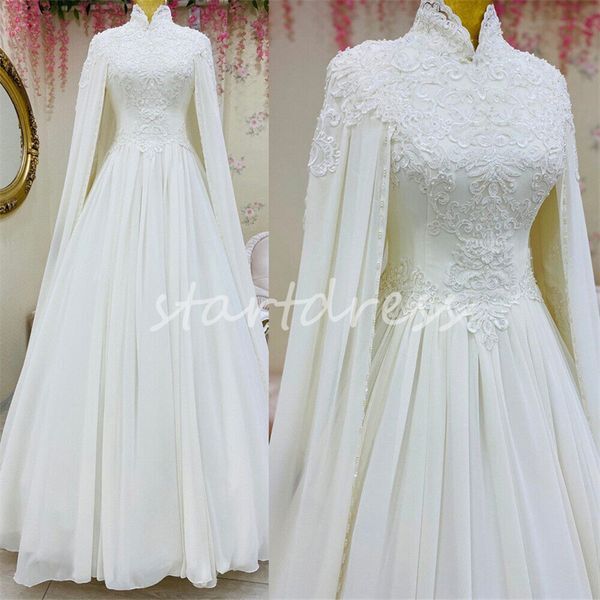 White Muslim Islamic Wedding Dress High Neck Arabic Dubai Cape Sleeve Beaded Lace Country Bridal Gowns Elegant Long Sleeve Moroccan Bride Dress Robe De Mariage 2024