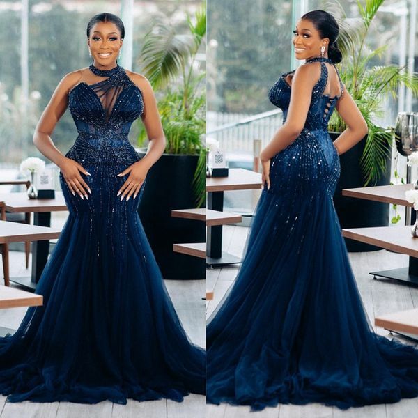 African Arabic Plus Size Prom Dresses Dark Navy Halter Beaded Tulle Elegant Evening Formal Dress for Special Occasions Black Women Second Reception Gowns AM236