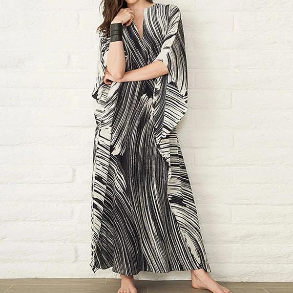 Dress Women&#039;s Dress Fashion Beach Vacation Striped Printed Robe 2022 Summer New Casual Vintage Loose Waist VNeck Long Dresses Female