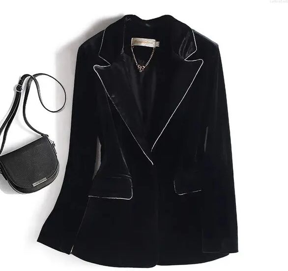 Women&#039;s Suits High End Black Velvet Suit Jacket For Spring And Autumn Minimalist Temperament Slim Fitting OL Trimmed Blazer Coat Z4482