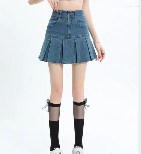 Skirts Vintage Pleated Denim Skirt Women Summer 2023 Korean Fashion High-waisted Jean Female Spice Girl Y2k A-line Faldas Mujer