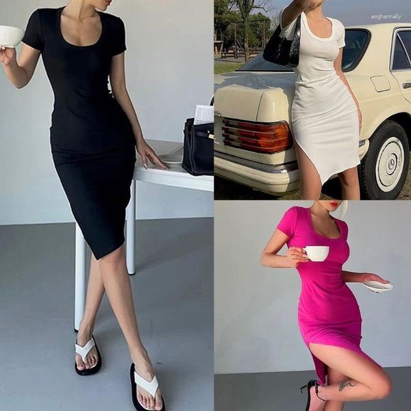 Casual Dresses Women Short Sleeve Sexy Low Cut U-Neck Club Party Side Split Midi Bodycon Dress Drop