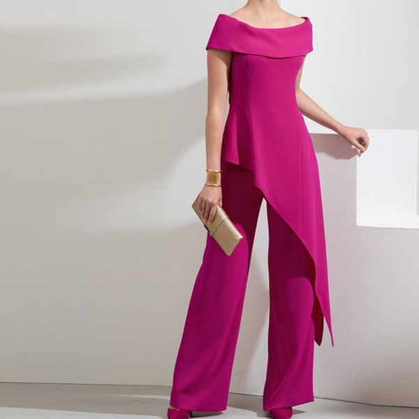 Fuchsia Off the Shoulder Mother of the Bride Suits 2 Pieces Chiffon Outfit For Wedding Asymmetrical Hem Womens Pants Suit