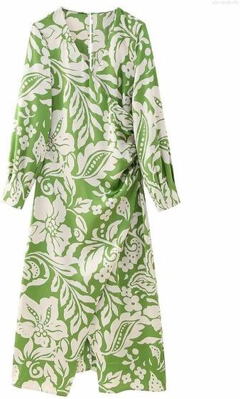 Casual Dresses Woman Sweet Green V Neck Print Long Dress 2023 Spring Female Chic Asymmetrical Floral Beach Ladies Zipper Drsses