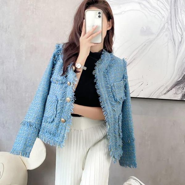 Women&#039;s Jackets Blue Small Fragrance Style Jacket High-End Women Tassel Long Sleeve O-Neck Coat Top Fashion Trend Lady Elegant Party