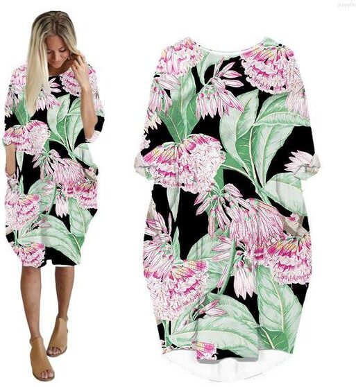 Casual Dresses Summer Fashion Dress Women 2023 Long Sleeve Clothes Plus Size Womans Clothing Midi Female Print Plants Flowers HV