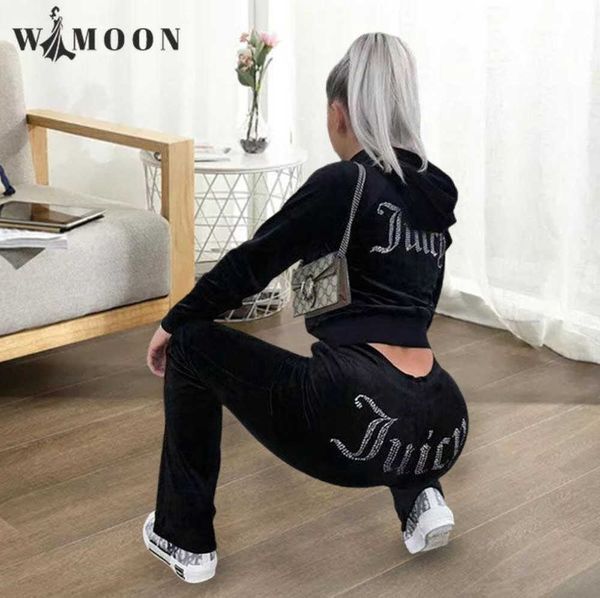 Pants Chic 2023 Spring Juicy Apple Thin Velvet Tracksuit 2 Pieces Set Hoodie Suit Women Velour Sweatshirt and with Diamonds Tidal flow design366ess