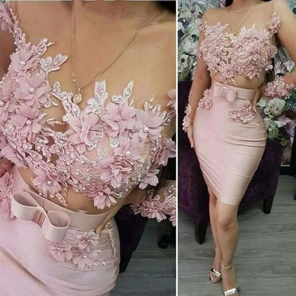 Pink Tulle Short Prom Dresses 2021 Women Elegant Evening Dress Long Sleeves Illusion Satin Sexy Graduaton Party Vestido De Gala220C