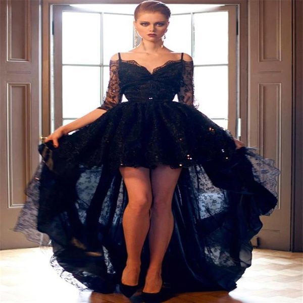 Charming Black High Low Prom Homecoming Dresses with Half Sleeves Off-the-shoulder Long Asymmetry Prom Cocktail Party Gowns270H
